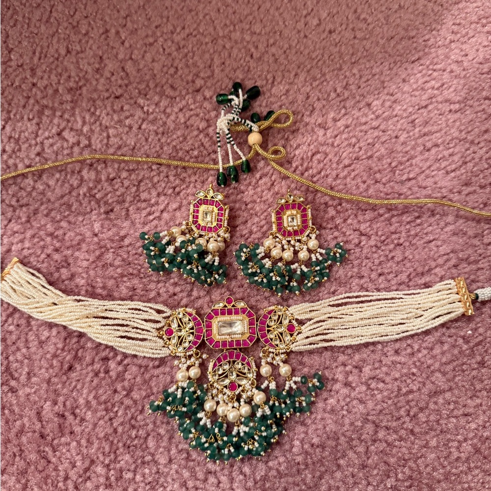Traditional Kundan Pearl & Stone Choker Set (Necklace + Earrings)